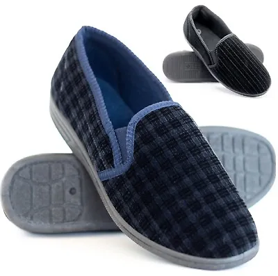 Buy Mens Gents Slip On Black Indoor Easy Fitting Hard Sole Comfy Slippers Shoes Size • 7.99£