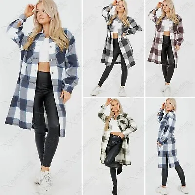 Buy New Womens Long Check Print Shacket Soft Fleece Casual Relaxed Fit Button Jacket • 12.99£