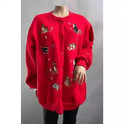 Buy BonWorth Sweater Women 2XL Red Cat Embroidered Button Cardigan Sweatshirt • 24.12£