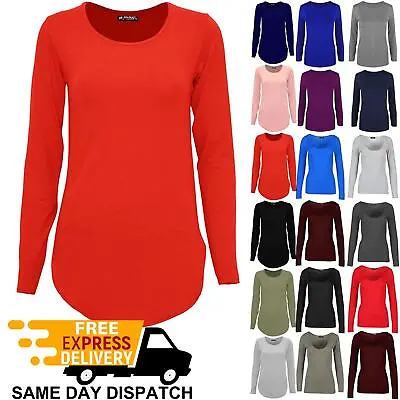 Buy Womens Ladies Plain Casual Curved Hem Round Neck Long Sleeve Jersey T Shirt Top • 5.99£