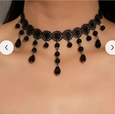 Buy Gothic Lace Retro Choker Necklace Black Beads Pendant Chocker Chain Jewellery • 5.99£