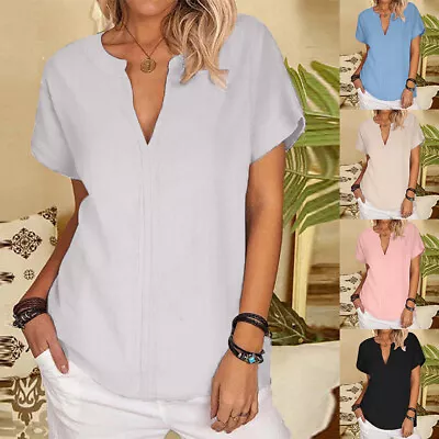 Buy Womens V Neck Short Sleeve Casual Solid T Shirts Ladies Loose Blouse Tops Tees • 11.49£