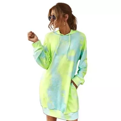 Buy Women Long Sleeve Drawstring Hoodie Dress Tie-Dye Loose Sweatshirt With Pockets • 23.77£