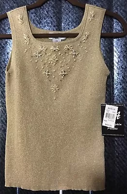 Buy NWT Women PM Petite Med Stretch Top Metallic Gold Pearls Pronged Jewels Bling   • 17.98£