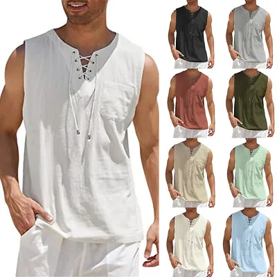 Buy Mens Cotton Linen Tank Tops Vest Summer Muscle Fit Training Gym Plain T Shirt 42 • 10.06£