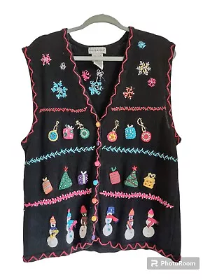 Buy Vtg White Stag Holiday Sweater Vest Womens XL Black Christmas Beaded Embroidered • 23.62£