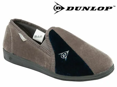 Buy Mens Dunlop Full Slippers Velour Two-Tone Twin Gusset Comfy Warm Grey / Navy • 15.99£