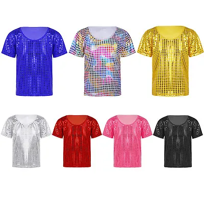Buy Kids Boys Girls Shiny Sequins Jazz Hip Hop Tops Dance T-Shirts Street Costume • 6.95£