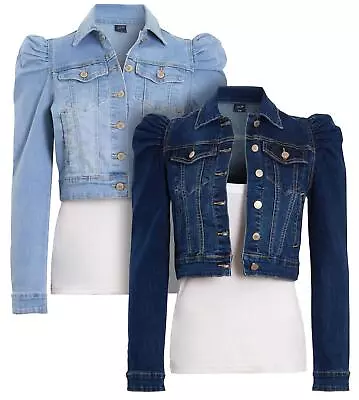 Buy Womens Denim Jacket Jeans Stretch Puff Sleeve Indigo Blue Size 10 12 14 16 8 • 27.95£