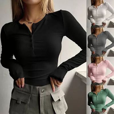 Buy Women Button V-neck Slim Fit Long Sleeve Stretch Tops Blouse T-shirt Casual Tee • 3.71£