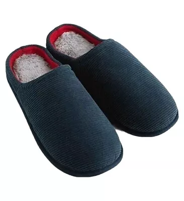 Buy Mens Slippers Navy Hard Sole Avon Fleece Slip On Mules Size 7-11 Faux Fur • 7.65£