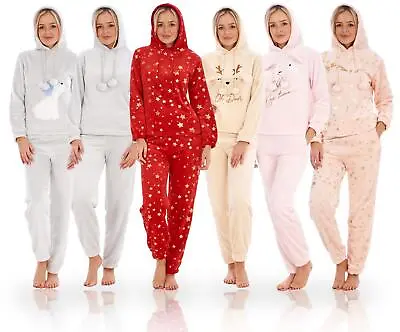 Buy Ladies Plush Luxury Soft Hooded Pockets PJ'S  Fleece Pyjamas REDUCED TO CLEAR • 14.99£