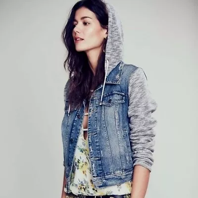 Buy Free People Distressed Denim Jacket With Knit Sleeves Removable Hoodie Size S • 33.15£