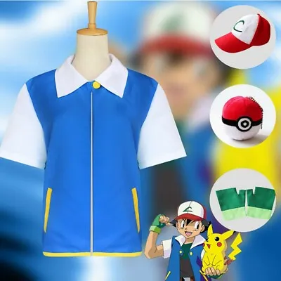Buy Pokemon Ash Ketchum Cosplay Costume Full Set Jacket + Gloves + Hat + Ball • 13.54£