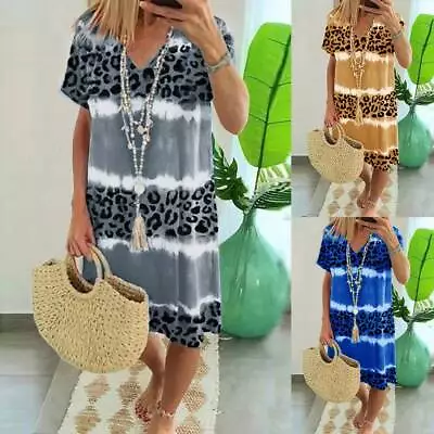 Buy Womens Leopard Holiday Dress Ladies Boho Summer Beach Loose Tie Dye Sun Dresses • 11.89£
