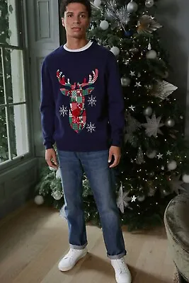 Buy NEXT Navy Blue Mens Knitted Christmas Reindeer Jumper Size Large • 39.99£