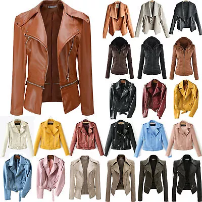 Buy Womens Leather Biker Jacket Flight Coat Punk Fitted Casual Zip Outerwears Blouse • 18.35£