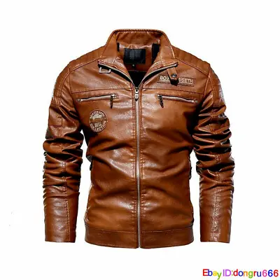 Buy Men PU Leather Jacket Motorcycle Biker Winter Coat Warm Slim Faux Leather Jacket • 31.42£