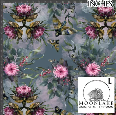 Buy Gothic Moths Skulls And Flowers 100% Quality Cotton Poplin Fabric *Exclusive* • 10.45£