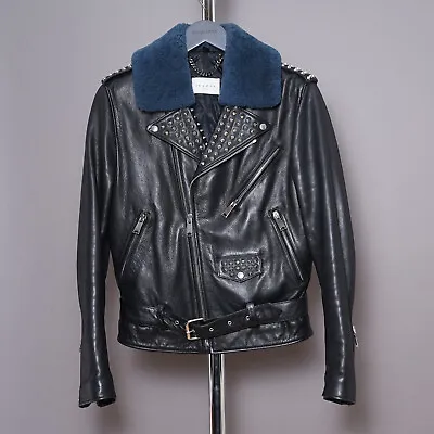 Buy SANDRO PARIS Leather Jacket SMALL Mens Black Studded Biker Removable Collar S • 499.99£