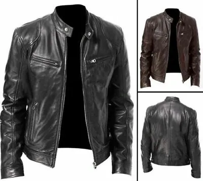 Buy Mens Vintage Cafe Racer Black Brown Genuine Leather Slim Fit Real Biker Jacket • 64.99£