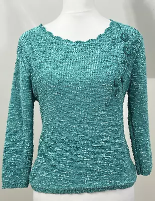 Buy Sarah Hamilton Jumper Teal Blue Green Size S Open Knit Embroidered Flowers • 7.23£