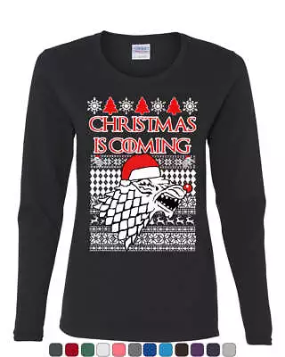 Buy Christmas Is Coming Direwolf Women's Long Sleeve Tee GoT Parody Ugly Sweatshirt • 28.37£