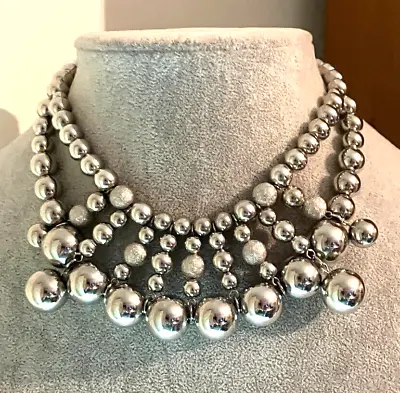 Buy Cluster Bead Bib Choker 44cm Silver Tone Plastic Necklace Costume Jewellery • 14£