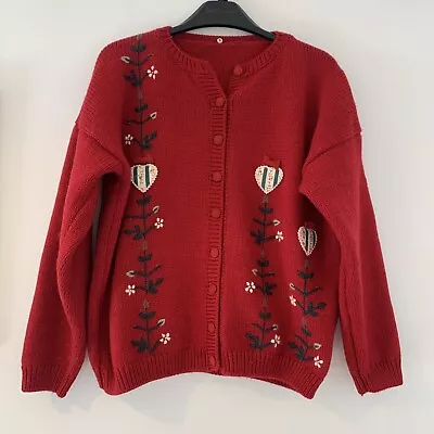 Buy Vintage  Italian Women’s Cardigan Sweater Red Floral 100% Wool Size M-L • 25£
