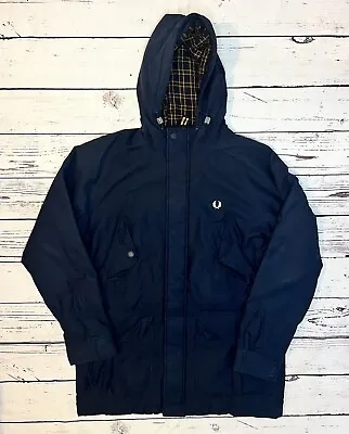 Buy Fred Perry Parka Jacket Men's Size Medium Navy Blue Hooded Coat Mod Casuals • 49.99£