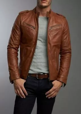 Buy Men's Real Lambskin Tan Brown Leather Motorcycle Jacket Slim Fit Biker Jacket • 22£