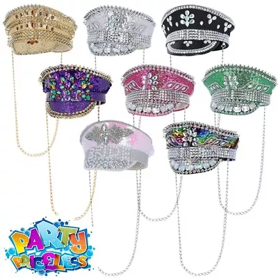 Buy Deluxe Sequin Studded Captains Hat Miltary Style Jewelled Cap Fever Fancy Dress • 17.99£