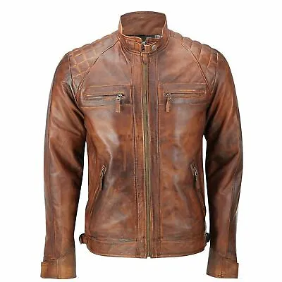 Buy Mens Fitted Tan Brown Real Leather Biker Jacket Zipped Vintage Smart Casual Coat • 62.99£
