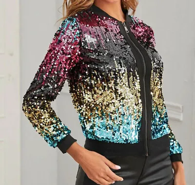 Buy Ladies Sequin Glitter Bomber Jacket Multicoloured Glitter Club Dance Party Biker • 22.99£