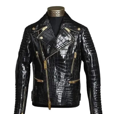 Buy Men's Alligator | Crocodile Textured Leather Zip Jacket Warm Black Cow Leather • 151.02£