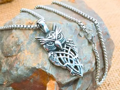 Buy Stainless Steel Celtic Owl Bird Detailed Silver Pendant Necklace • 11.95£