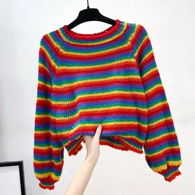 Buy Knitted Jumper Girl Rainbow Striped Sweater Pullover Top Casual Harajuku Student • 16.66£