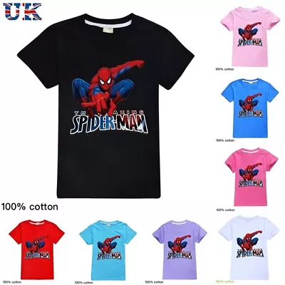 Buy Kids Boys Girls Spider-Man Print Casual Short Sleeve T-shirt Cotton Tops Tee UK • 8.41£