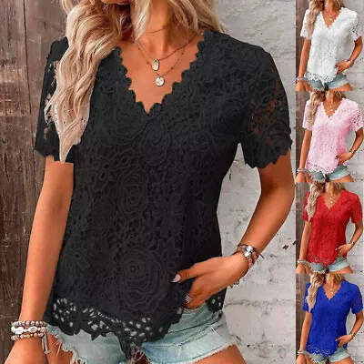 Buy Womens V Neck Lace Tops Blouse Ladies Short Sleeve Holiday Beach T-shirt Size 24 • 9.59£