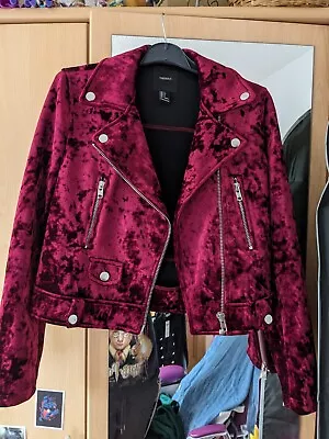 Buy Crushed Velvet Red Maroon Burgundy Biker Jacket Forever 21 Size Small • 10£