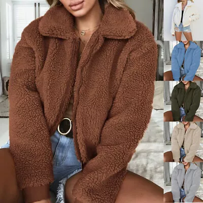 Buy Womens Teddy Bear Fleece Fluffy Collar Coat Ladies Zip Up Winter Warm Jacket Top • 20.39£
