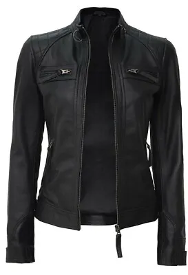 Buy Ladies Women' Black Slim Fit Biker Lambskin Leather Designer Motorcycle Jacket • 67.77£