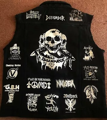 Buy Anarcho Crust Punk Battle Jacket Cut Off Patch Denim Vest Hardcore Crossover XL • 186.66£