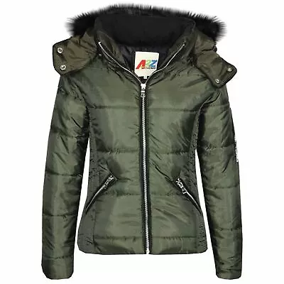 Buy Kids Quilted Olive Puffer Coat Faux Fur Collar Hood Jacket For Girls • 19.99£