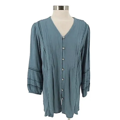 Buy J. Jill Tunic Shirt Blue Spruce Embroidered Pleated 3/4 Sleeve Top Womens Small • 27.94£
