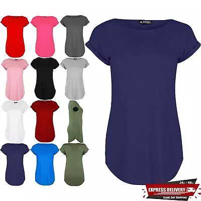 Buy Womens Ladies Curved Hem Jersey Plain Top Turn Up Cap Sleeve T Shirt Plus Size • 5.49£