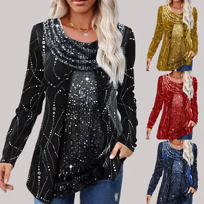 Buy Women Sequin Glitter Party T Shirt Double Layer Christmas Tunic Tops Blouse Size • 6.19£