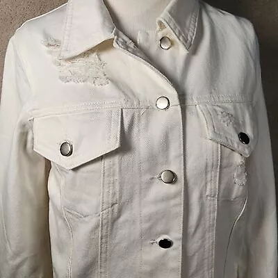 Buy White Destressed Destroyed Classic Jean Jacket 100% Cotton Twill Honey Punch NWT • 16.53£