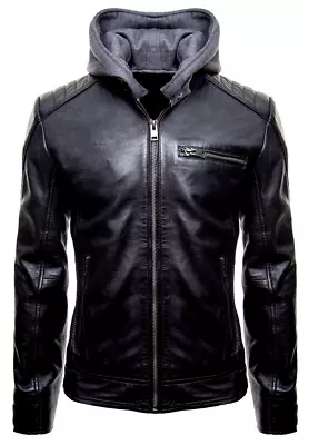 Buy New Batman Logo Motorcycle Brando Biker Real Leather Hoodie Jacket - Detach Hood • 67.77£