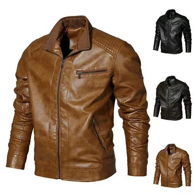 Buy Spring Men Leather Jacket Motor Bomber Faux Leather Casual Stand-Up Biker Coat • 32.10£